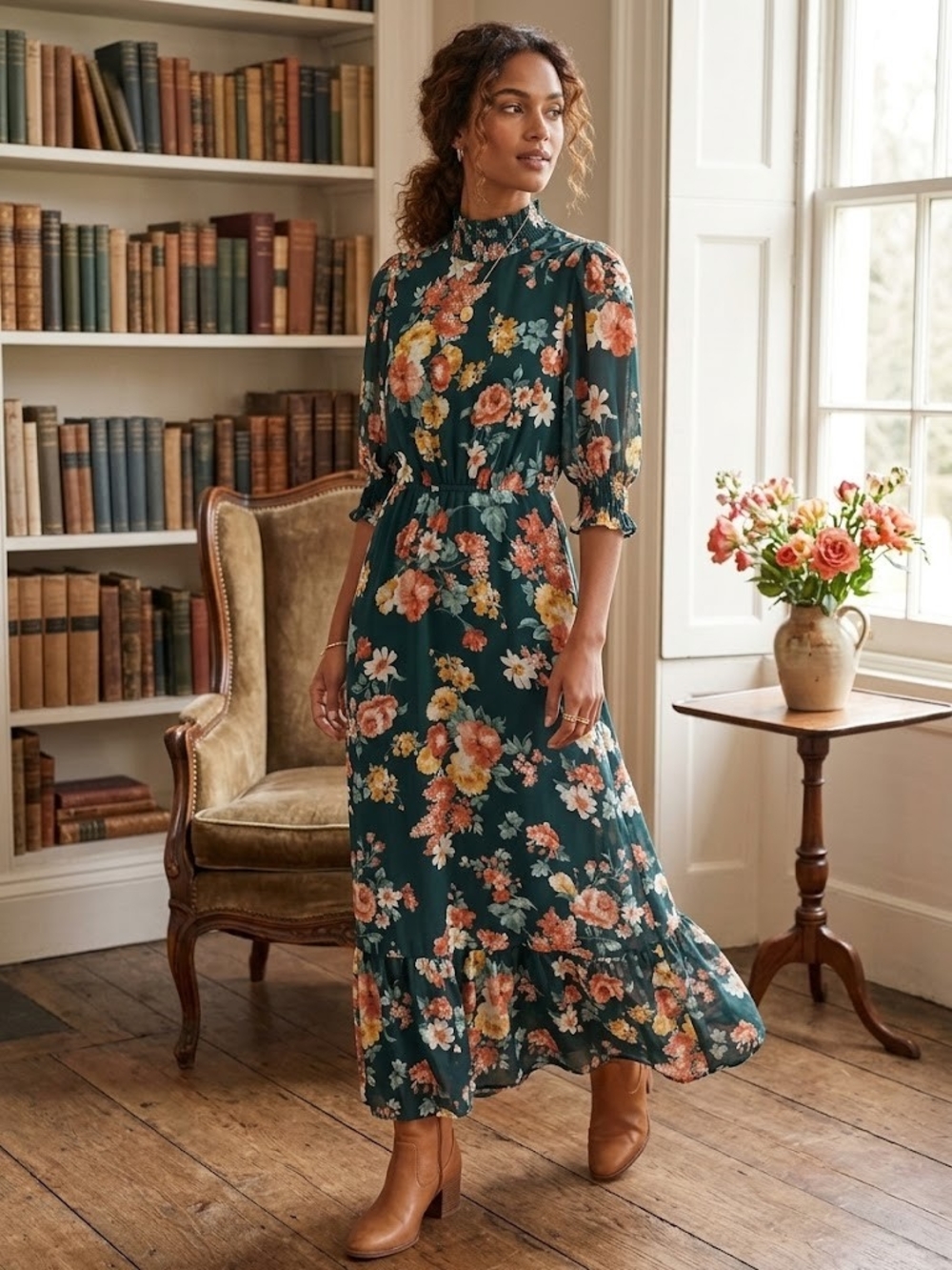 Baltic Born Teal Green Floral High-Neck Maxi Dress